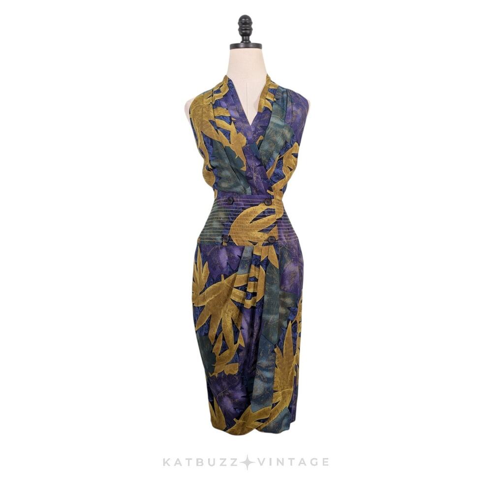 Vintage Tropical Floral Dress 6 Multi Knee 90S Length Green Blue Sleeveless